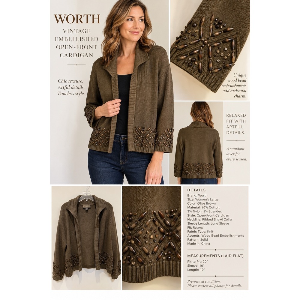 Worth Y2K Womens L Chocolate Brown Cardigan Wood Beaded Embellished Shawl Collar